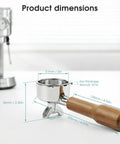 51mm Portafilter With Two Spouts For Gevi Casabrews CM5418 3700 Series And Mr Coffee Espresso And Cappuccino Machines, rosewood handle, product dimensions displayed