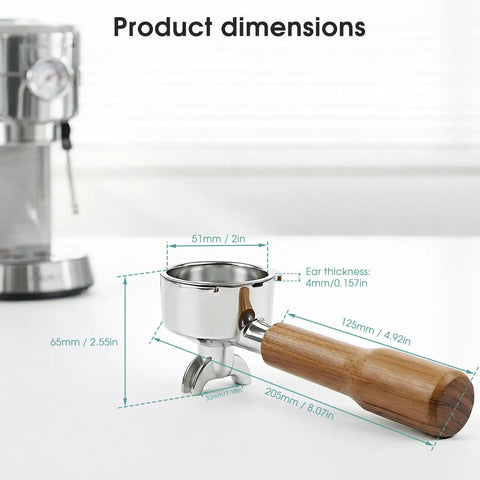 51mm Portafilter With Two Spouts For Gevi Casabrews CM5418 3700 Series And Mr Coffee Espresso And Cappuccino Machines, rosewood handle, product dimensions displayed