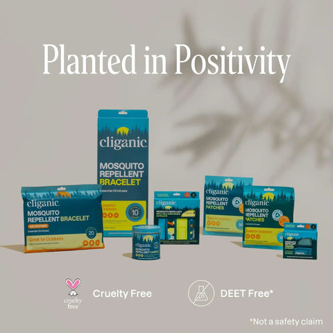 Product display of Cliganic mosquito repellent items including bracelets, patches, and candles with 'Planted in Positivity' text.