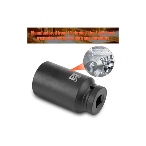 9 Piece Deep Impact Socket Set For Car Wheel Hub Nuts 29mm To 38mm Hex Drive Tool Kit With Tough Ratchet For Heavy Duty Axle Mech Fixin' 34mm CR-MO socket