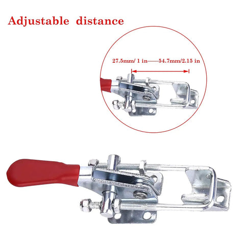 Silver Toggle Latch Clamp Set, U Bolt Toggle Latches, 360 Lb Holding Capacity, adjustable with red handle in focus.