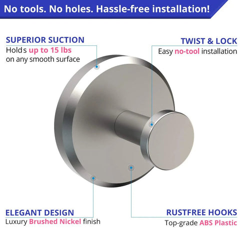 2-Pack Suction Cup Hooks For Shower And Bathroom No Drilling Towel Holder with twist lock design and brushed nickel finish