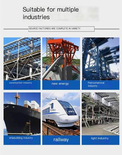 Collage showcasing industries: construction, new energy, petrochemical, shipbuilding, railway, and light industry applications.