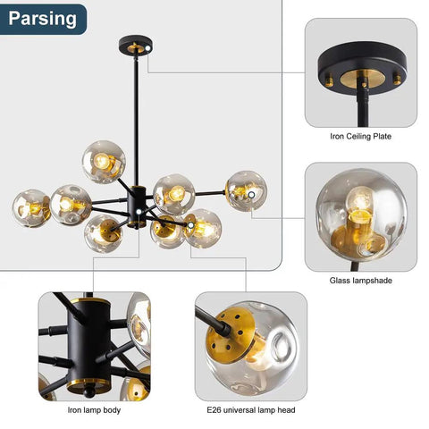 8-Light Black And Gold Sputnik Light Fixture Modern Chandelier With Smoked Glass Globes, details of lamp body and components
