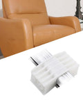 Close-up of white plastic linear actuator gear block with metal rack for power recliner lift chairs.