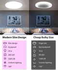 Comparison of dimmable smart LED ceiling light flush mount 12 inch 24W 3200 lumens and a cheap bulky size model with features listed.