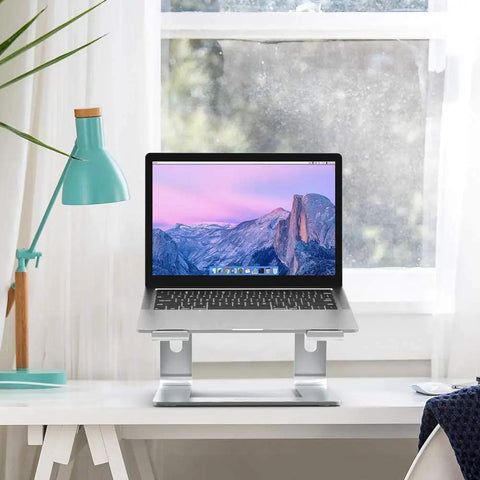 Aluminum Laptop Stand With 6 Inch Elevation, Ergonomic Detachable Notebook Riser, holding laptop on desk