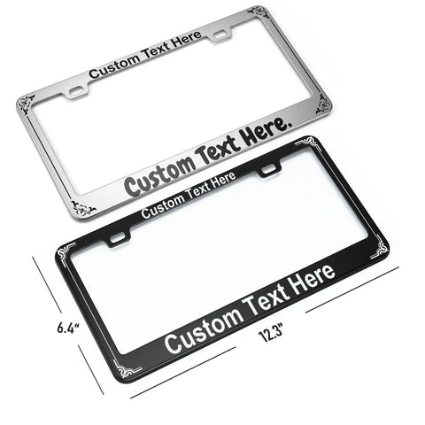 Customizable License Plate Frame For Cars Rust-Proof Aluminum Front Or Rear Mount Dope Silver Finish Includes Screws Add Your Text Or Design Durable Exterior Auto Accessory For Women And Men, silver and black frames with text