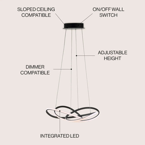 Diagram of 25 Inch Black Modern Abstract LED Pendant Light With Integrated Dimmable Function Metal Chandelier for dining room