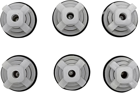 Replacement valve kit components for pressure washer pumps, six white plastic pieces, front view.