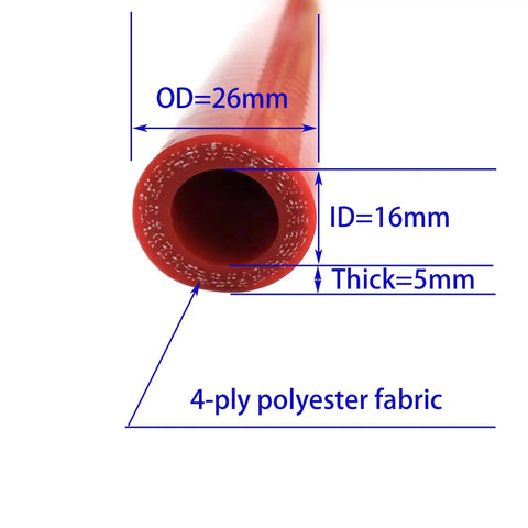 Close-up view of Beefed Up Silicone Hose 16mm ID 3.28Ft Reinforced High Temp 350F 4 Ply With 5mm Wall, showing 26mm OD.