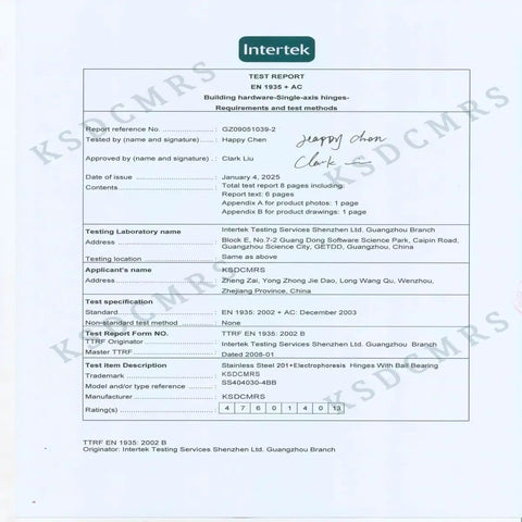 Test report for Top Shelf 4 Inch Matte Black Heavy Duty Stainless Steel Door Hinges With Non Removable Pin, 6 pages.