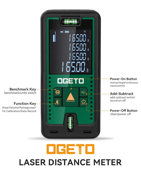 Ultra Precise Laser Distance Meter With 165 Feet Range, Dual Bubble Levels, Backlit LCD, Pythagorean Mode, M In Ft Unit Switch displayed