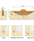 Technical drawing of Dead Simple #20 Slide In Plastic Biscuit Connectors showing T-Joint, Corner Joint, and Miter Joint designs.