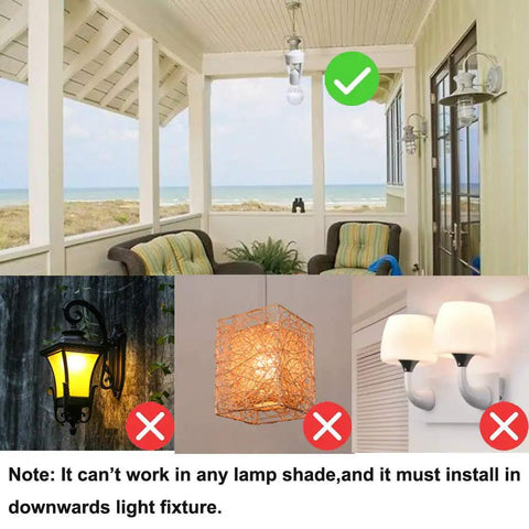 PIR Motion Sensor Light Socket E26 E27 Smart Lamp Holder Adapter installed in a downward outdoor porch fixture