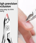 Close-up of 3/4 Jaw Cuticle Nippers Ultra Sharp Stainless Steel Clippers For Pedicure And Manicure, trimming a cuticle.