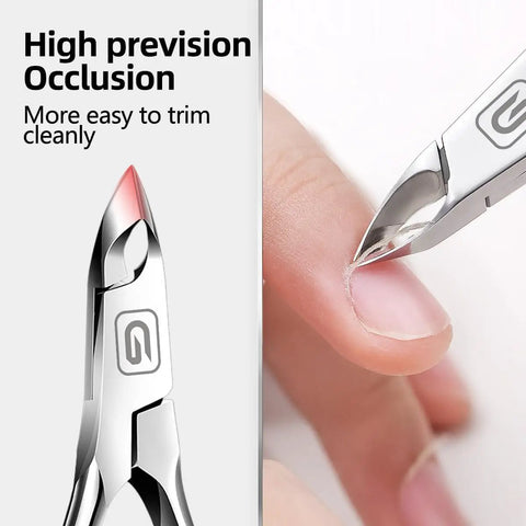 Close-up of 3/4 Jaw Cuticle Nippers Ultra Sharp Stainless Steel Clippers For Pedicure And Manicure, trimming a cuticle.