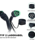 Kickstart Your Roll With This Heavy Duty EV Extension Cord Boasting Dual Head Plugs 16A 32A Fast Charge And Silver Plated Contacts For Serious Juice Delivery Safe Reliable Power Parked At Home Or Cruising Any Highway. Typ 2 Lade kabel with green light and protective caps for safe charging.