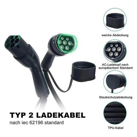 Kickstart Your Roll With This Heavy Duty EV Extension Cord Boasting Dual Head Plugs 16A 32A Fast Charge And Silver Plated Contacts For Serious Juice Delivery Safe Reliable Power Parked At Home Or Cruising Any Highway. Typ 2 Lade kabel with green light and protective caps for safe charging.