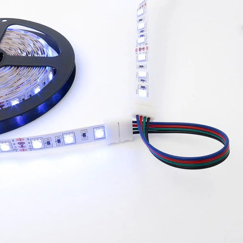 All In One Must Have Solderless RGB LED Strip Connector Kit With 4 Pin 5050 Connectors, L Shape For 10mm Wide Strips showing lights