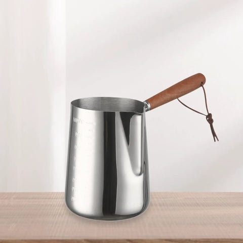 Turkish Warmer Coffee Pot Frothing Pitcher 1000ml Stainless Steel with wooden handle for latte art and frothing milk.