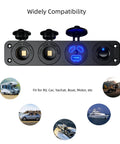 Front view of 4 in 1 Marine Switch Panel For Boat And Truck, Plug And Play 12V DC Waterproof Rocker With Dual Cigarette Lighter Sockets