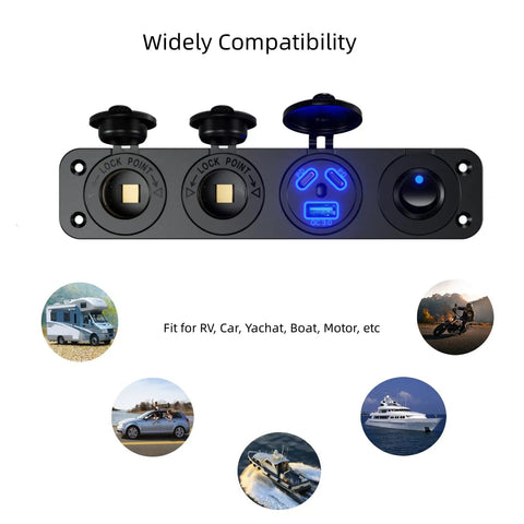 Front view of 4 in 1 Marine Switch Panel For Boat And Truck, Plug And Play 12V DC Waterproof Rocker With Dual Cigarette Lighter Sockets