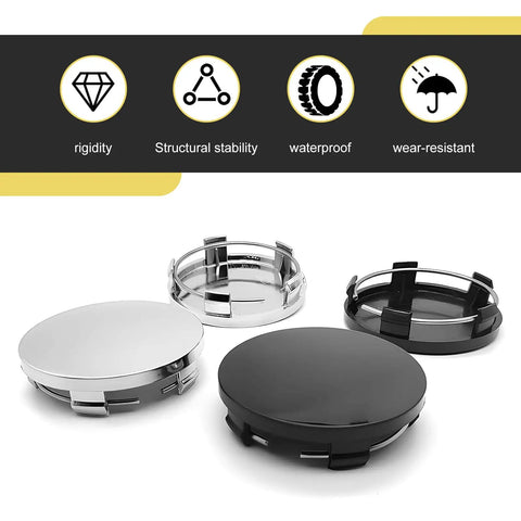 Universal Car Wheel Center Caps 60mm OD 56mm ID 4 Pack Durable Scratch Resistant And Rust Proof ABS Snap In Hub Caps Silver Black