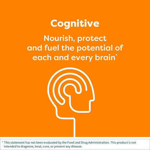 Illustration of a brain with text promoting cognitive benefits on an orange background. Disclaimer about FDA evaluation.