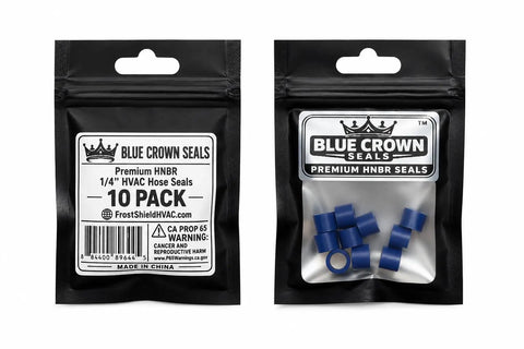 Blue HNBR One Quarter Inch HVAC Hose Seals For Manifold Gauge Sets, Refrigerant And Oil Resistant, Durable High Temp Seals, Leak Proof, Easy Fit Upgrade, 10 Pack in black pouch