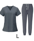Large Women Scrub Set For Nurses And Spa Pros, Top And Jogger Pants Workwear, Machine Washable, Gray Uniform