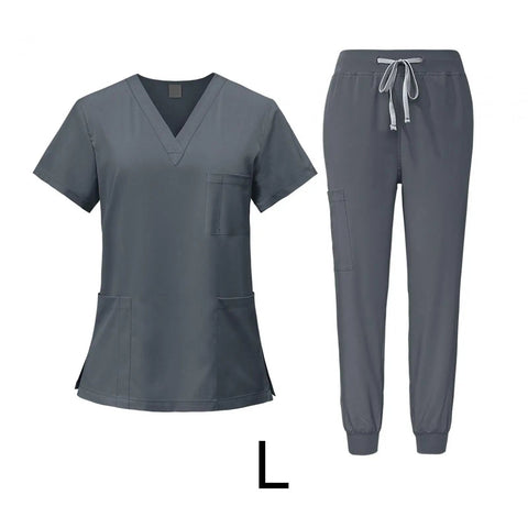 Large Women Scrub Set For Nurses And Spa Pros, Top And Jogger Pants Workwear, Machine Washable, Gray Uniform