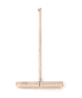 Heavy Duty Push Broom With Rock Solid Four Layer Stiff Plastic Bristles And A Beefy Wooden Handle for garage and patio cleanup.