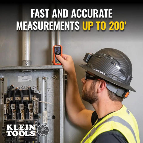 Worker using Green Laser Distance Measure Tool with 200 foot range for DIY and pros, USB rechargeable, ultra accurate