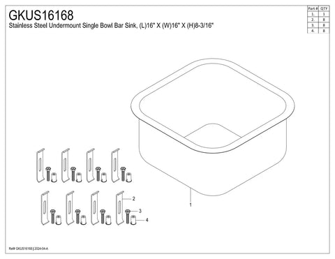 Diagram of Undermount Bar Sink 16x16 Inch 8 Inch Deep 18 Gauge Brushed Stainless Steel Single Bowl Scratch Resistant Sound Dampening Pads