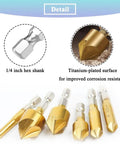 Six Piece 90 Degree HSS Countersink Drill Bit Set With One Quarter Inch Hex Shank For Wood, Pro Grade, Five Flute Countersinks