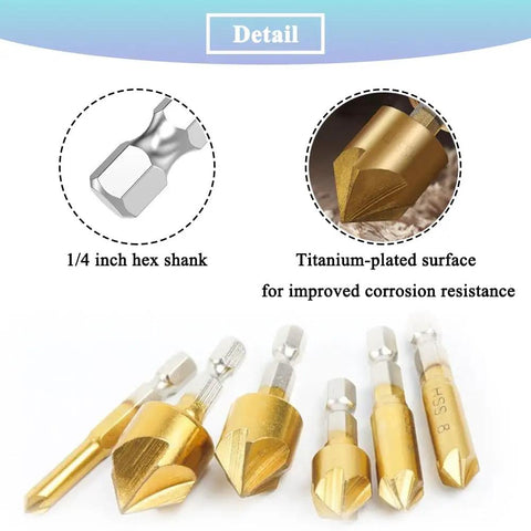 Six Piece 90 Degree HSS Countersink Drill Bit Set With One Quarter Inch Hex Shank For Wood, Pro Grade, Five Flute Countersinks