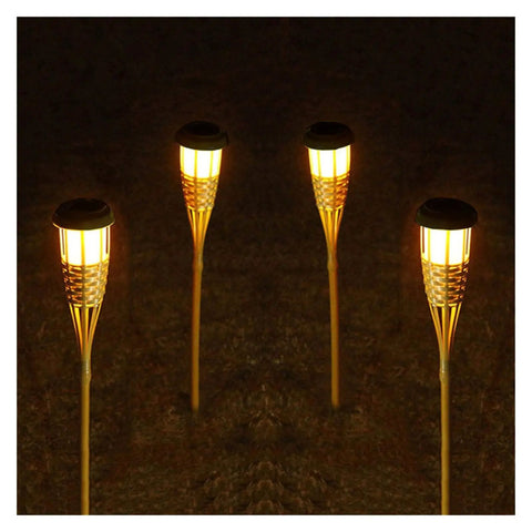 Bamboo Solar Torch Light Outdoor Garden Pathway Landscape Spike Spotlight Tiki Torch With Warm White LEDs Auto On Off By Light Sensor No Wiring 60cm