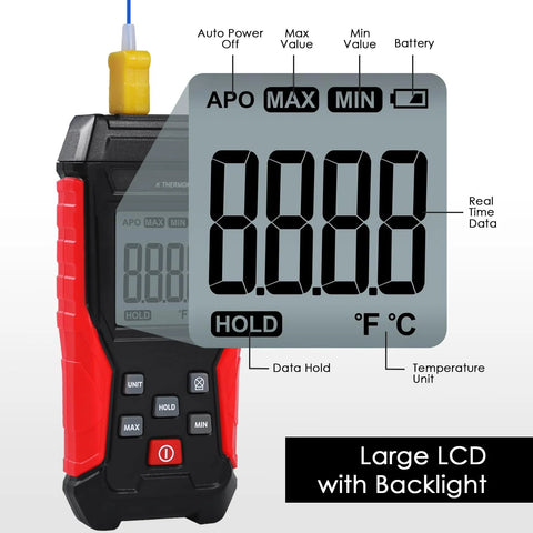 JuviPerpric digital K-type thermocouple thermometer with two probes and a large backlit LCD display