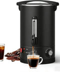 Heavy Duty Stainless Steel Coffee Urn Holds 120 Cups pouring coffee into a cup beside coffee beans and ice coffee glass.