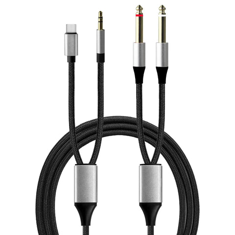 Three In One Beefed Up Shielded One Eighth Inch To Dual Quarter Inch TS Audio Y Cable Aux And USB C Compatible With Android Power Amplifier Speaker Headphone Mixing Console Four Point Two Six Feet, showing connectors