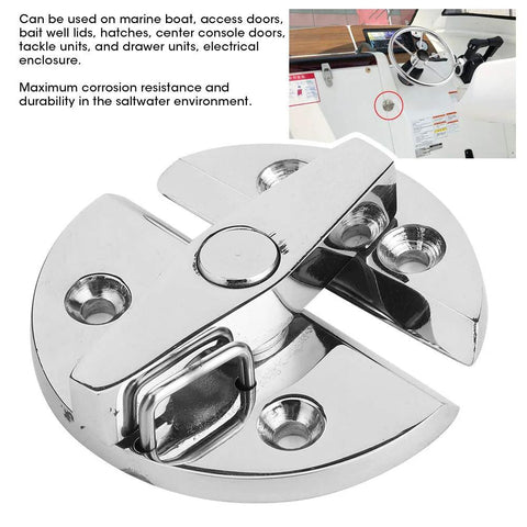 Close-up of turn catch rotate lock for boat hatch; polished 316 stainless marine hardware, positive stop