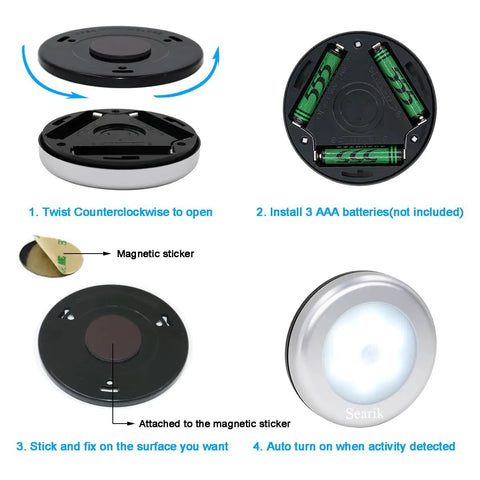 3 Pack Motion Sensor LED Night Lights Indoor Magnetic Stick On Battery Powered Under Cabinet Lighting For Home Kitchen Hallway Closet Stairway Bathroom with installation steps