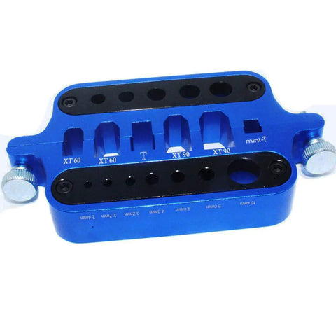 Heavy Duty Hella Durable Aluminum Soldering Station Plate With Secure Multi Size Pockets For Xt60 Xt90 T Plug Banana Connectors Heat Resist Number One Rc Tool Jig Blue, showing blue aluminum design.