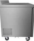 Built Tough 48 Inch Stainless Steel Commercial Worktop Freezer with Dual Doors, side view showing sturdy construction and casters.