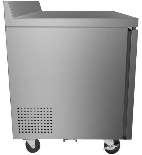 Built Tough 48 Inch Stainless Steel Commercial Worktop Freezer with Dual Doors, side view showing sturdy construction and casters.