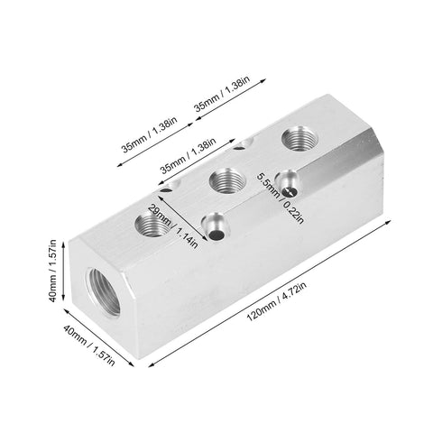 Heavy Duty Aluminium Pneumatic Manifold Block With Leakproof Sealing For Factory Use, 40x40mm Distribution, G1/2 Inlet And G1/4 Outlet, Durable Air Line Block SY40-02-3F, shown with dimensions