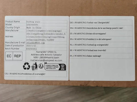 Label of Pro Grade Electric Attic Staircase With Remote Control, showing safety warnings and manufacturer details.