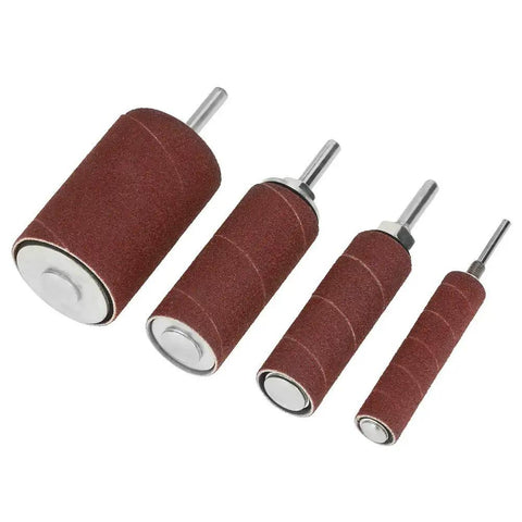 Rubber Sanding Drum Set 20 Piece For Drills Flexible Shafts And Drill Presses showing four drum sizes with sanding bands