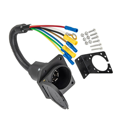 7 Pin Trailer Wiring Harness Socket Extension Power Cable For Safe Power Transmission In Campers, RVs, Trucks, And Cars, Easy Plug Connector, Durable Automotive Trailer Cable For Camping, Freight, Exhibitions, And Daily Driving. 7-pin socket with mounting bracket and wires